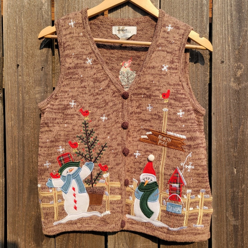 Kikit Studio Hand Embroidered Snowman Christmas Sweater Vest Brown Sz M